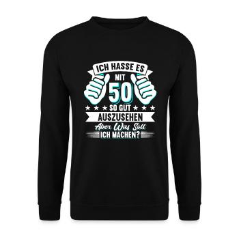 50. Geburtstag - Unisex Pullover - Schwarz - Vorne - Alina (178cm) & Michal (187cm)