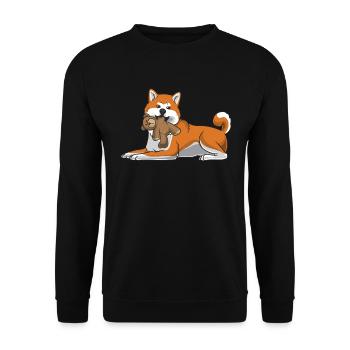 Akita Inu dog with plush toy and many hearts - Unisex Sweatshirt - black - Front - Alina (178cm) & Michal (187cm)