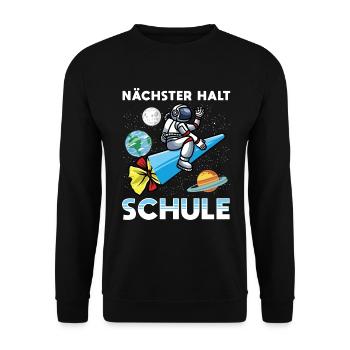 Einschulung Schulkind 2021 mit Astronaut & Rakete - Unisex Pullover - Schwarz - Vorne - Alina (178cm) & Michal (187cm)