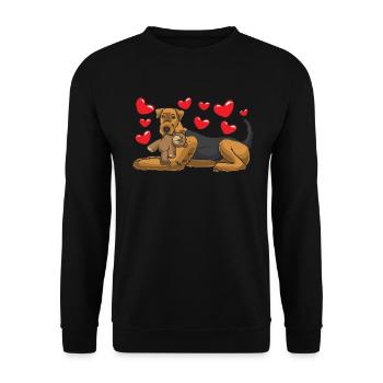 Airedale Terrier mit Stofftier - Unisex Pullover - Schwarz - Vorne - Alina (178cm) & Michal (187cm)