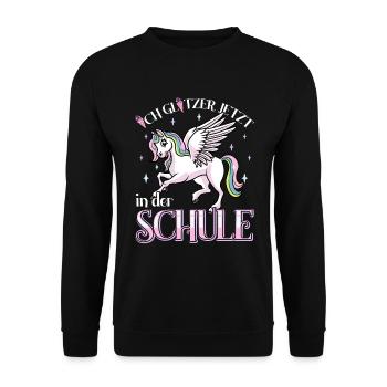 Schulkind Mädchen Einschulung mit Pegasus - Unisex Pullover - Schwarz - Vorne - Alina (178cm) & Michal (187cm)