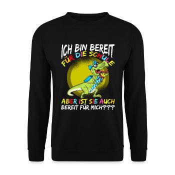 Schulkind Einschulung mit Dinosaurier - Unisex Pullover - Schwarz - Vorne - Alina (178cm) & Michal (187cm)
