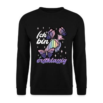 Schulkind Mädchen Einschulung mit Schmetterling - Unisex Pullover - Schwarz - Vorne - Alina (178cm) & Michal (187cm)