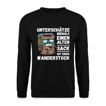 Alter Sack mit Wanderstock Wandern Bergsteiger - Unisex Pullover - Schwarz - Vorne - Alina (178cm) & Michal (187cm)