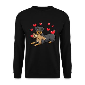 Hunting terrier dog with plush toy and many hearts - Unisex Sweatshirt - black - Front - Alina (178cm) & Michal (187cm)