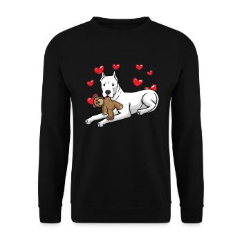 Dogo Argentino dog with plush toy and many - Unisex Sweatshirt - black - Front - Alina (178cm) & Michal (187cm)