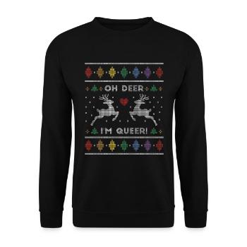 Oh Deer I'm Queer Funny Ugly Christmas Sweater - Unisex Pullover - Schwarz - Vorne - Alina (178cm) & Michal (187cm)