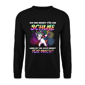 Einschulung Mädchen Schulkind Einhorn Schultüte - Unisex Pullover - Schwarz - Vorne - Alina (178cm) & Michal (187cm)