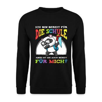 Schulkind Einschulung Panda - Unisex Pullover - Schwarz - Vorne - Alina (178cm) & Michal (187cm)