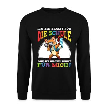 Schulkind Einschulung Fuchs - Unisex Pullover - Schwarz - Vorne - Alina (178cm) & Michal (187cm)
