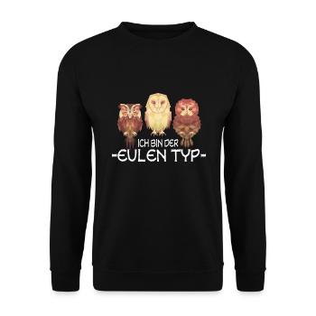 Eulen Typ Eule Vögel Lustig Wortspiel Humor - Unisex Pullover - Schwarz - Vorne - Alina (178cm) & Michal (187cm)