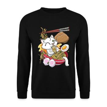 Kawaii Weiße Katze Ramen Nudeln Anime-liebhaber - Unisex Pullover - Schwarz - Vorne - Alina (178cm) & Michal (187cm)