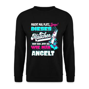Mädchen Zeigt Jungs Wie Man Angelt Angeln - Unisex Pullover - Schwarz - Vorne - Alina (178cm) & Michal (187cm)