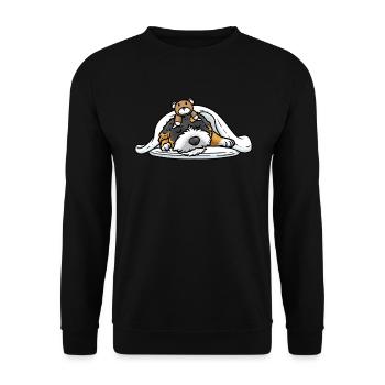 Bernedoodle dog sleeping with cuddly toy - Unisex Sweatshirt - black - Front - Alina (178cm) & Michal (187cm)