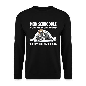 Schnoodle Hund Mit Kuscheltier - Unisex Pullover - Schwarz - Vorne - Alina (178cm) & Michal (187cm)