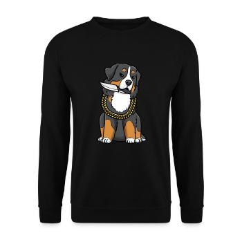 Berner Sennenhund Hund Bouvier Bernois Mit Messer - Unisex Pullover - Schwarz - Vorne - Alina (178cm) & Michal (187cm)