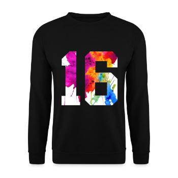 NUMMER 16 JAHRE ALT 16. GEBURTSTAG - Unisex Pullover - Schwarz - Vorne - Alina (178cm) & Michal (187cm)