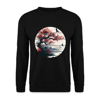 Japan Landscape Red Moon Birds Aesthetic Bonsai - Unisex Sweatshirt - black - Front - Alina (178cm) & Michal (187cm)