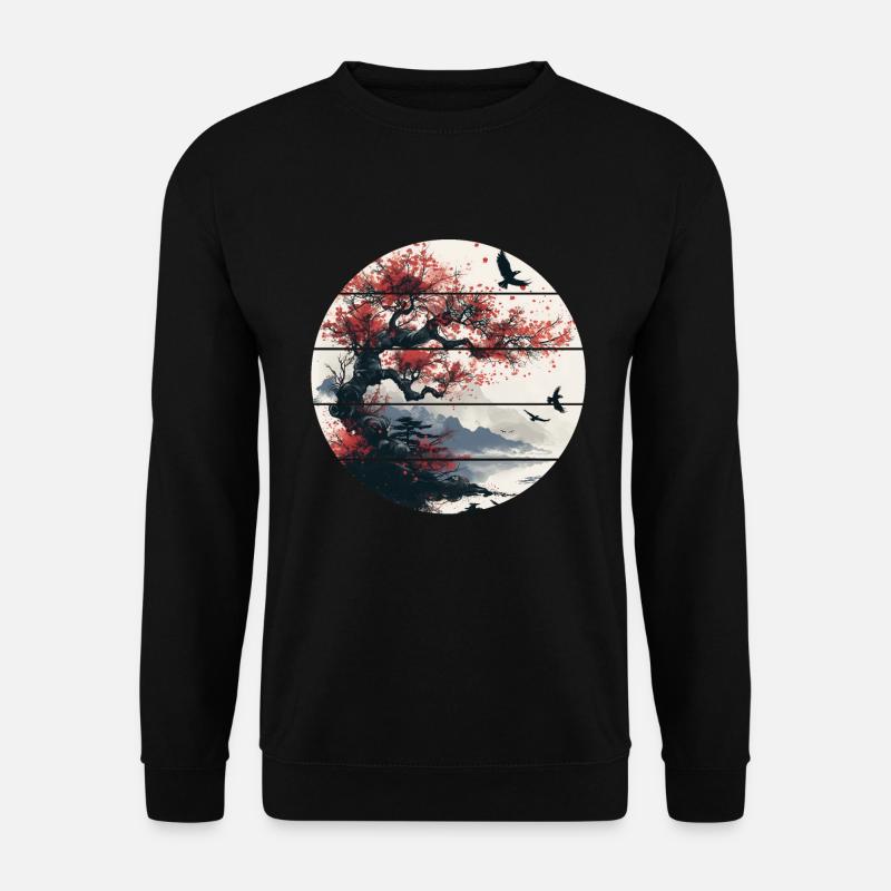 Japan Landschaft Roter Mond Vögel Aesthetic Bonsai - Unisex Pullover - Schwarz