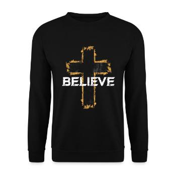 Believe Religion Kreuz Christen Christ Geschenk - Unisex Pullover - Schwarz - Vorne - Alina (178cm) & Michal (187cm)