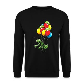 An Luftballons Hängende Gottesanbeterin - Unisex Pullover - Schwarz - Vorne - Alina (178cm) & Michal (187cm)