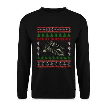 Hecht Ruprecht - Angler Geschenk, Ugly Christmas - Unisex Pullover - Schwarz - Vorne - Alina (178cm) & Michal (187cm)