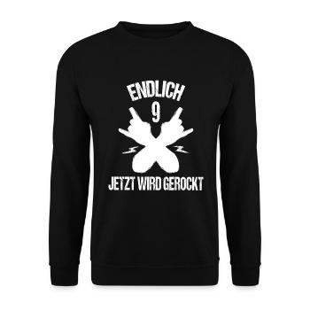 9.Geburtstag Geburtstagsshirt Rock Metal 9 Jahre - Unisex Pullover - Schwarz - Vorne - Alina (178cm) & Michal (187cm)