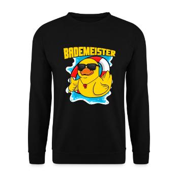 Bademeister Rettungsring Gummieente Quitscheente - Unisex Pullover - Schwarz - Vorne - Alina (178cm) & Michal (187cm)