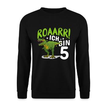 5. Geburtstag 5 Jahre Dino Dinosaurier Fan - Unisex Pullover - Schwarz - Vorne - Alina (178cm) & Michal (187cm)