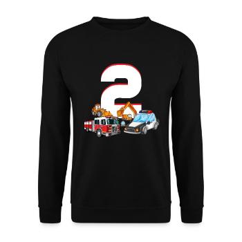 2. Geburtstag 2 Jahre Feuerwehr Polizei Bagger - Unisex Pullover - Schwarz - Vorne - Alina (178cm) & Michal (187cm)