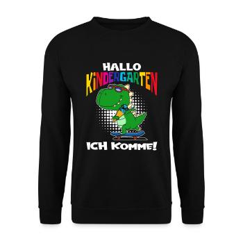Hallo Kindergarten ich komme T-Rex Dino - Unisex Pullover - Schwarz - Vorne - Alina (178cm) & Michal (187cm)