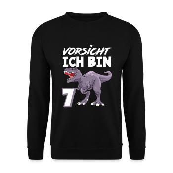 7. Geburtstag 7 Jahre Dino Dinosaurier Fan - Unisex Pullover - Schwarz - Vorne - Alina (178cm) & Michal (187cm)