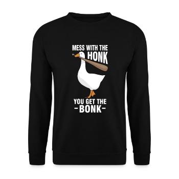 Gänse Meme Mess With The Honk You Get The Bonk - Unisex Pullover - Schwarz - Vorne - Alina (178cm) & Michal (187cm)