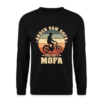 Arsch vom Sofa rauf aufs Mofa - Unisex Pullover - Schwarz - Vorne - Alina (178cm) & Michal (187cm)