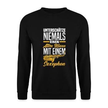 Unterschätze Niemals Alten Mann Mit Saxophon - Unisex Pullover - Schwarz - Vorne - Alina (178cm) & Michal (187cm)