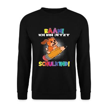 Bääm! Ich Bin Jetzt Schulkind Einschulung - Unisex Pullover - Schwarz - Vorne - Alina (178cm) & Michal (187cm)