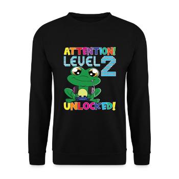 Attention Niveau 2 Anniversaire débloqué - Sweat-shirt Unisexe - noir - Devant - Alina (178cm) & Michal (187cm)
