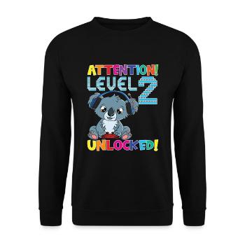 Attention Niveau 2 Anniversaire débloqué - Sweat-shirt Unisexe - noir - Devant - Alina (178cm) & Michal (187cm)