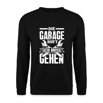 Die Garage Ruft Ich Muss Gehen Lustiges Mechaniker - Unisex Pullover - Schwarz - Vorne - Alina (178cm) & Michal (187cm)