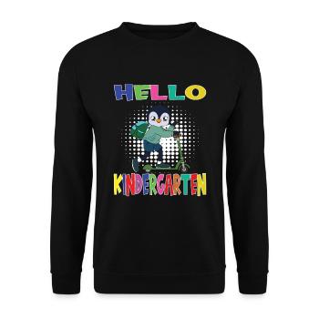 Hello Kindergarten Penguin With Scooter - Unisex Pullover - Schwarz - Vorne - Alina (178cm) & Michal (187cm)