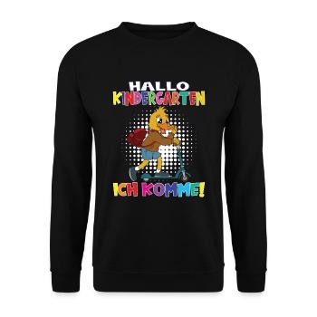 Kindergartenkind Hallo Kindergarten Ich Komme - Unisex Pullover - Schwarz - Vorne - Alina (178cm) & Michal (187cm)