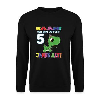 Bääm Ich Bin Jetzt 5 Jahre Alt Dino - Unisex Pullover - Schwarz - Vorne - Alina (178cm) & Michal (187cm)