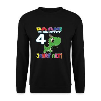 Bääm Ich Bin Jetzt 4 Jahre Alt Dino - Unisex Pullover - Schwarz - Vorne - Alina (178cm) & Michal (187cm)