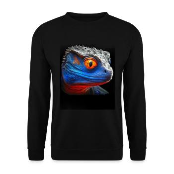 Blauer und orangefarbener Dinosaurier-Eidechsenkopf - Unisex Pullover - Schwarz - Vorne - Alina (178cm) & Michal (187cm)