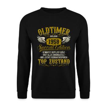 Oldtimer Baujahr Jahrgang 1958 geboren Geburtstag - Unisex Pullover - Schwarz - Vorne - Alina (178cm) & Michal (187cm)