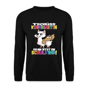 Tschüss Kindergarten Ich Bin Jetzt Ein Schulkind! - Unisex Pullover - Schwarz - Vorne - Alina (178cm) & Michal (187cm)