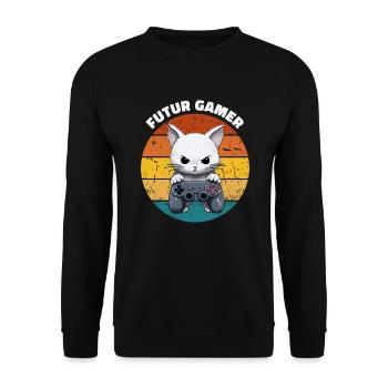 futur gamer chat manette jeux vidéo animé vintage - Sweat-shirt Unisexe - noir - Devant - Alina (178cm) & Michal (187cm)