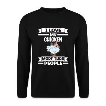Lustiger Hühner Spruch Huhn - Unisex Pullover - Schwarz - Vorne - Alina (178cm) & Michal (187cm)