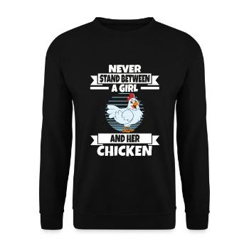 Lustiger Hühner Spruch Huhn - Unisex Pullover - Schwarz - Vorne - Alina (178cm) & Michal (187cm)