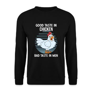 Lustiger Hühner Spruch Huhn - Unisex Pullover - Schwarz - Vorne - Alina (178cm) & Michal (187cm)